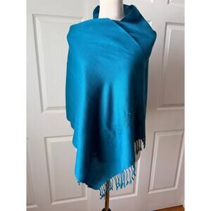 World Market Turquoise Teal Wool Scarf Wrap Shawl Tonal Floral Embroidery Fringe
